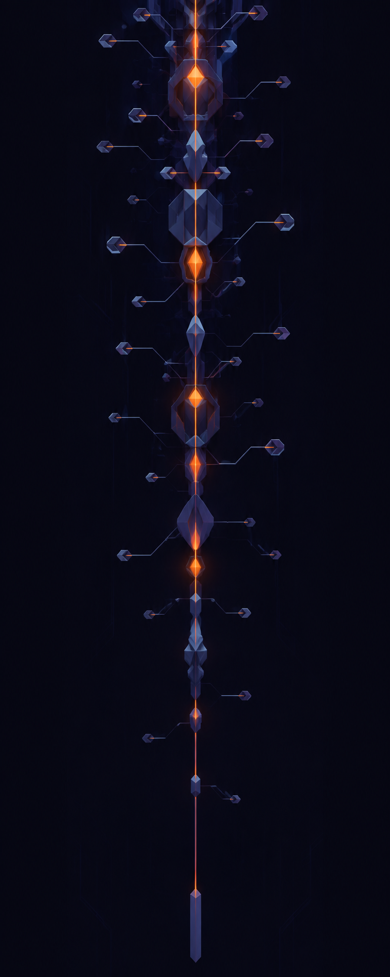 A vertical column of linked nodes glowing orange along its spine